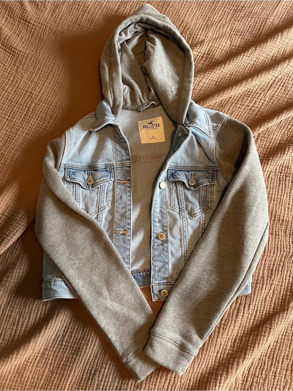 Hollister Light Blue Denim Jacket with Gray Hoodie Sleeves